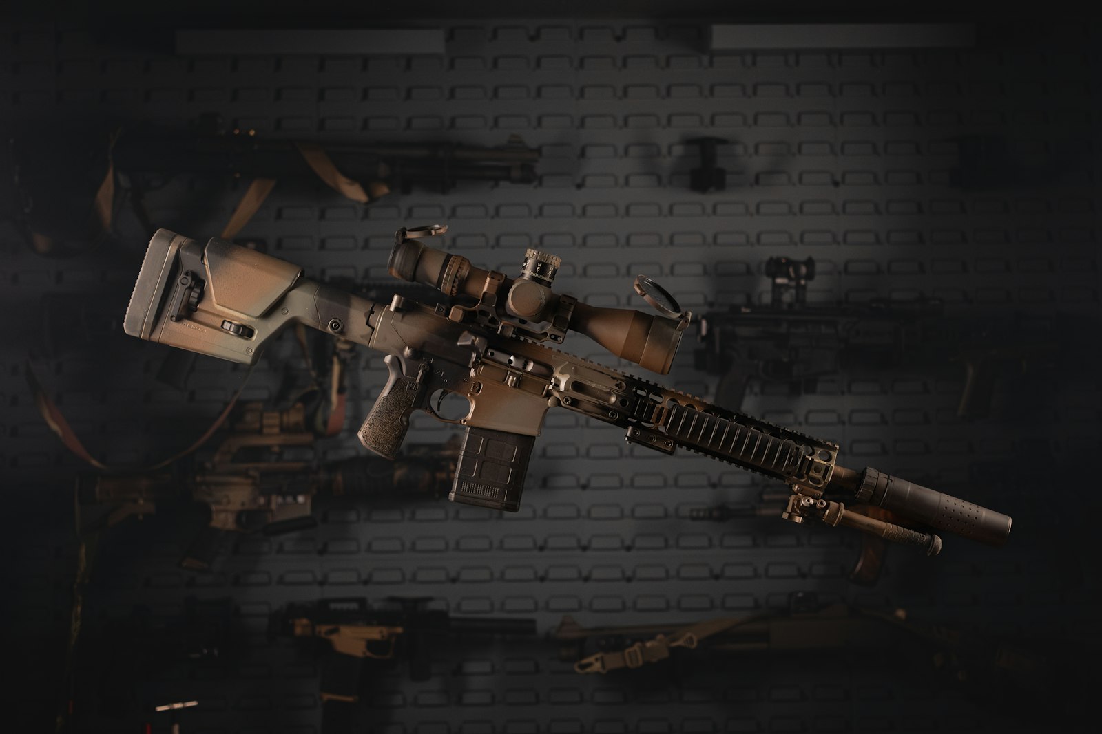 Scoped rifle displayed for sale in a gun store