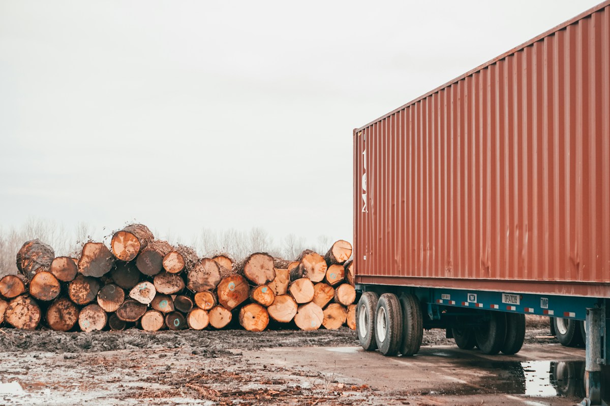 A logging truck hauling a load of timber