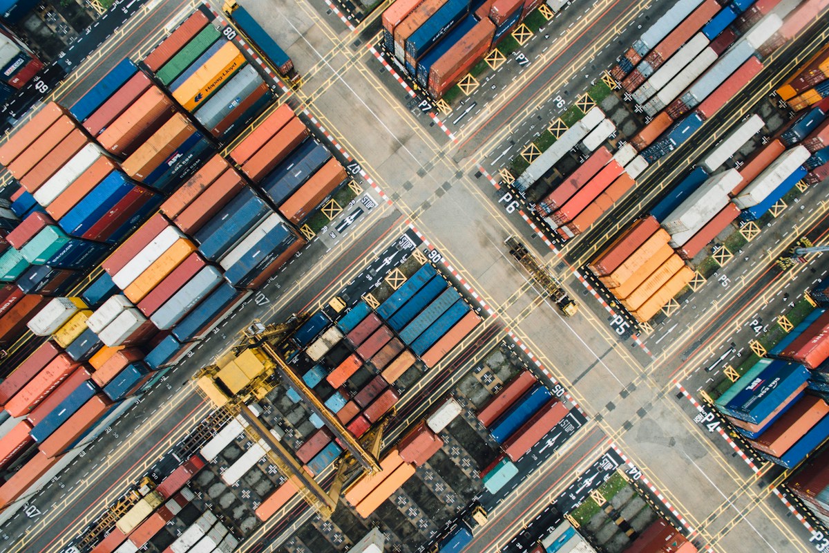 Aerial view of a shipping container yard at a port