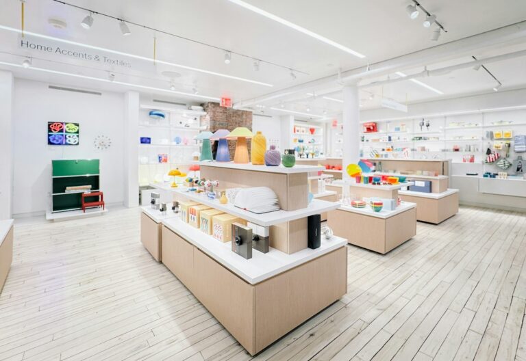 Modern retail store interior with display shelves and products