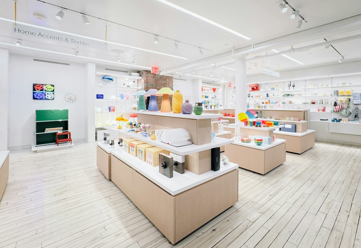 Modern retail store interior with display shelves and products